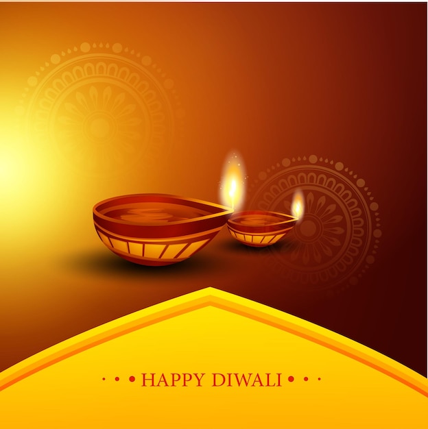 Happy Diwali design with Diya oil lamp elements on rangoli background, bokeh sparkling effect