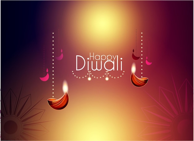 Happy Diwali design with Diya oil lamp elements on rangoli background, bokeh sparkling effect