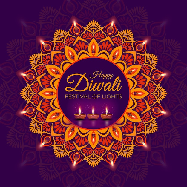 Felice design diwali con elementi di celebrazione del festival indù della lampada a olio di diya su rangoli colorati