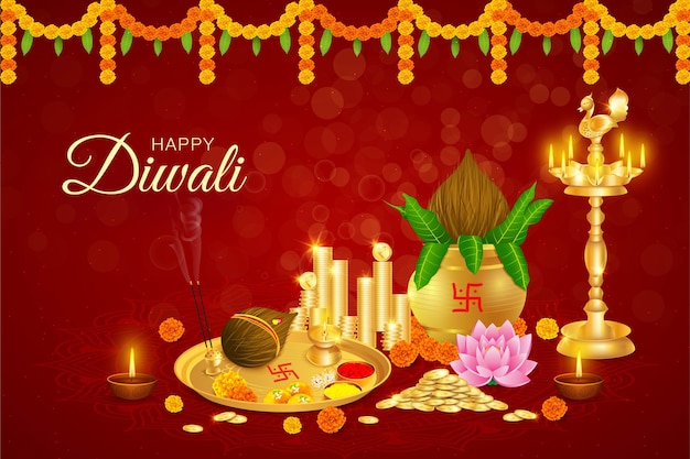 Buon diwali, dhanteras, monete d'oro, kalash, dea laxmi puja, ricchezza, prosperità