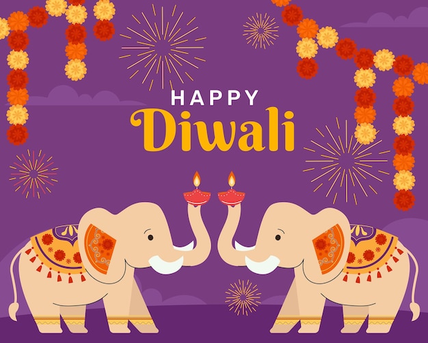 Vector happy diwali diwali concept banner with elephants celebrate festival of lights