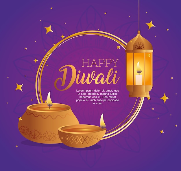 Happy diwali diya candles and lantern design, Festival of lights theme