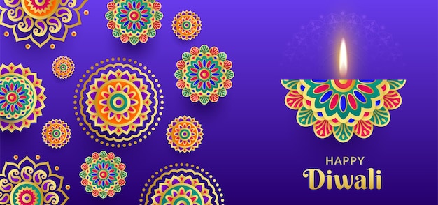 Happy diwali elegant golden diamond diya and mandala