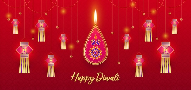 Happy Diwali Elegante Golden Diamond Diya en sprankelende lantaarns