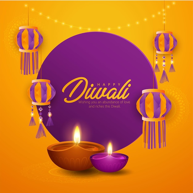 Felice festival di diwali sfondo con lampada a olio realistica.