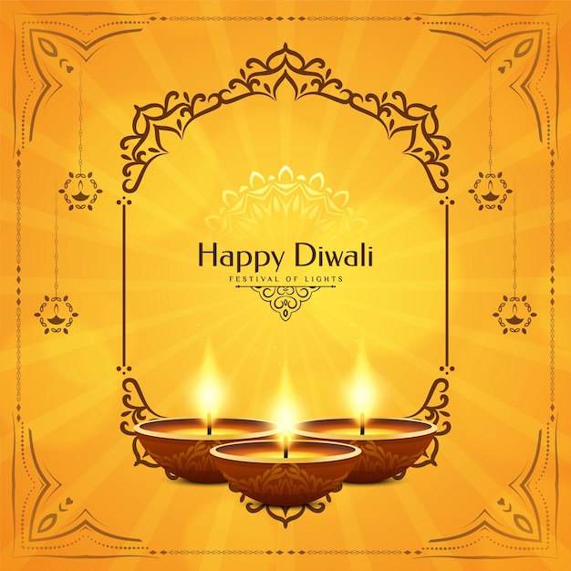 Happy diwali festival bright yellow traditional background design vector