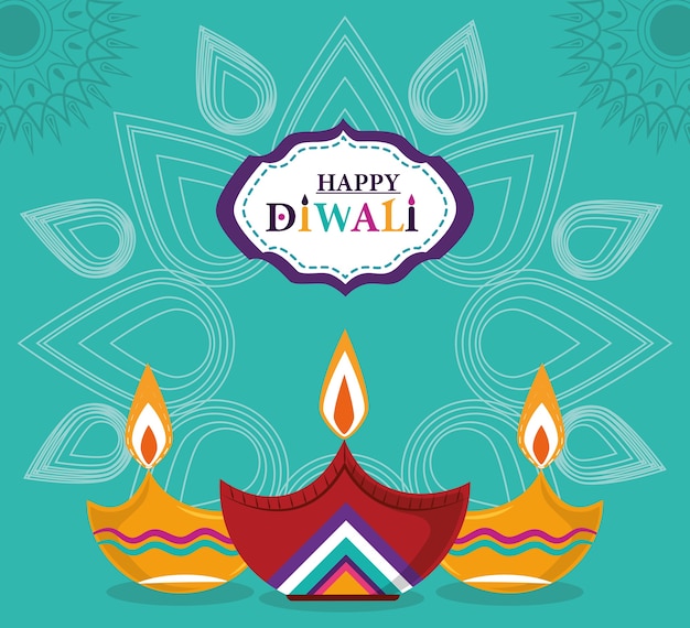 Happy diwali festival, diya lamps with candles mandala green background