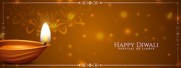 Happy diwali festival glossy banner design with diya vector