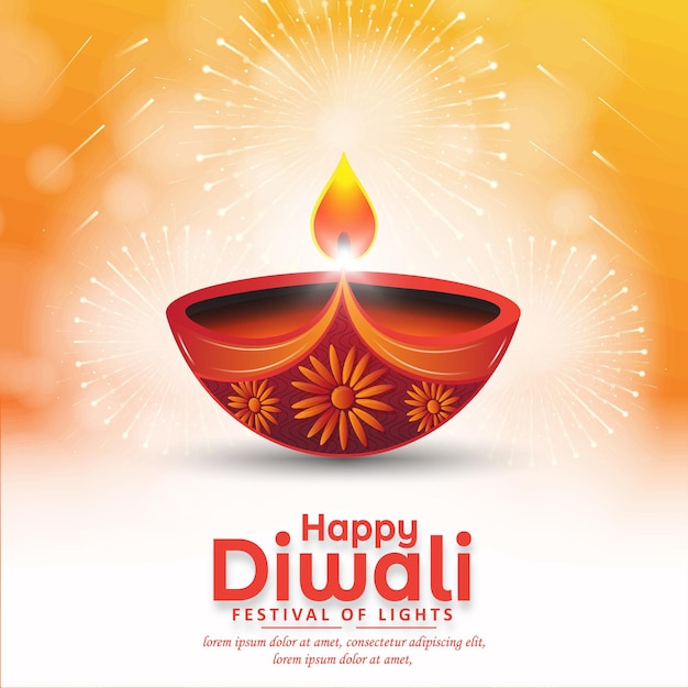 happy diwali festival greeting card design with diya oil lamp with fireworks on yellow background