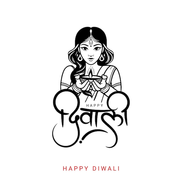 Vettore saluto felice del festival diwali con donne indiane che tengono diya e calligrafia hindi