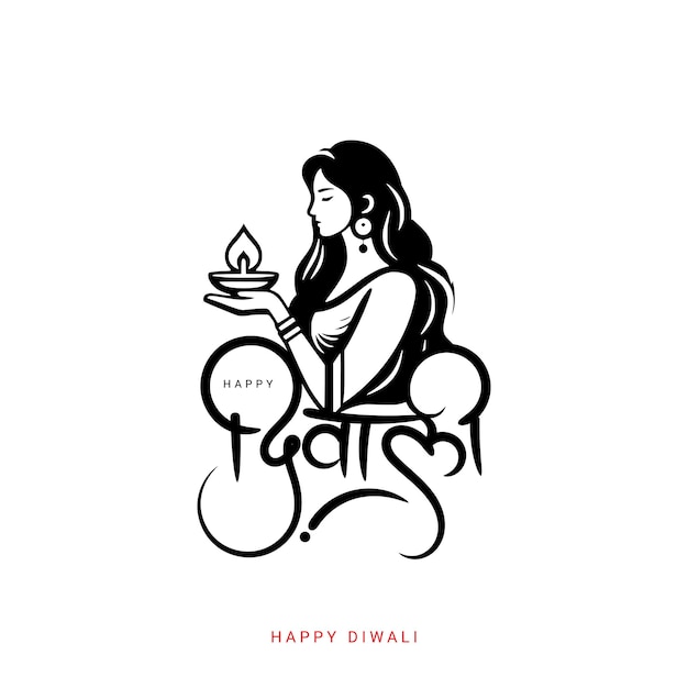 Happy Diwali festival greeting with Indian women holding diya and hindi calligraphy