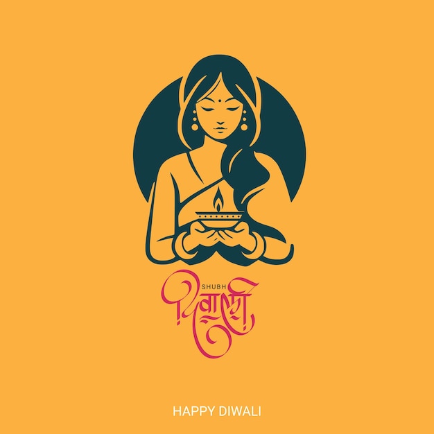 Happy Diwali festival greeting with Indian women holding diya and hindi calligraphy