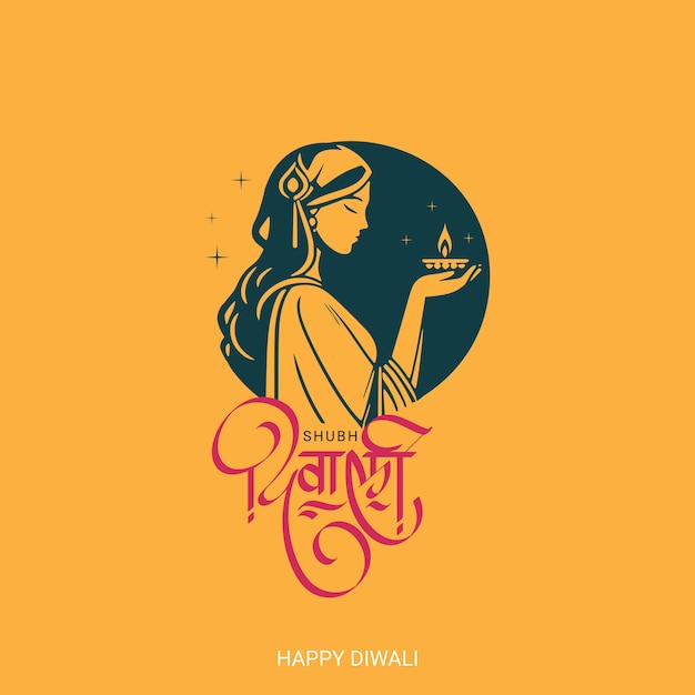 Vector happy diwali festival greeting with indian women holding diya and hindi calligraphy