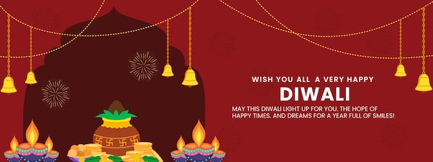 Happy Diwali festival of lights banner template design with decorative Diya lamp vector illustration