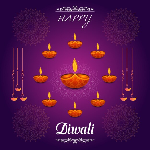 Vettore felice diwali festival delle luci indiano rangoli luci dorate sfondo colorato