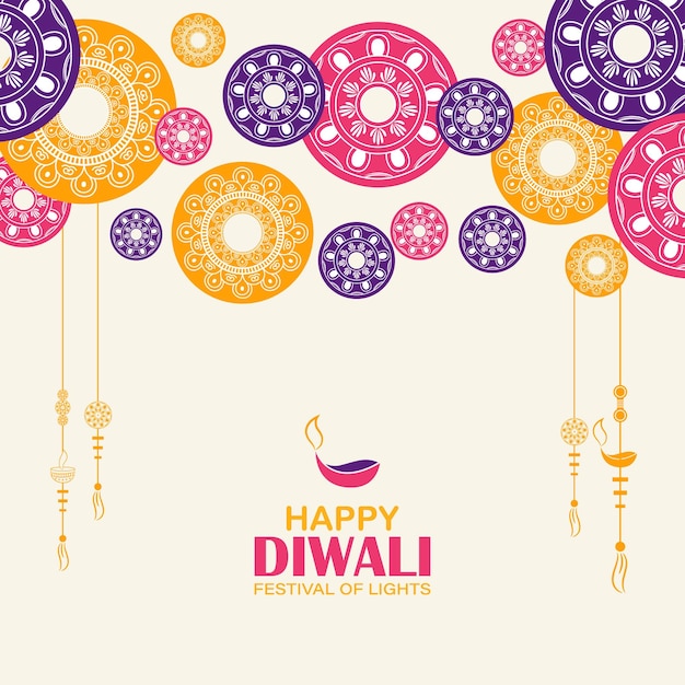 Happy diwali festival of lights indian rangoli golden lights colorful background