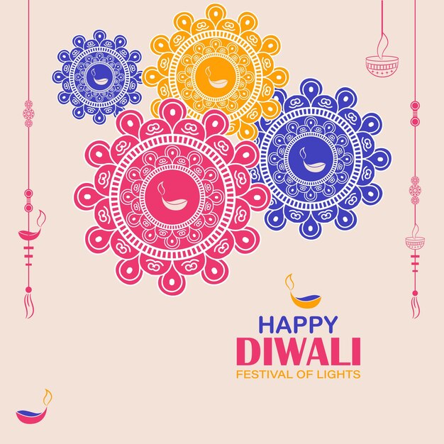 Happy Diwali festival of lights Indian Rangoli golden lights colorful background