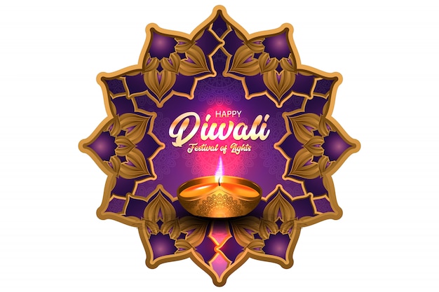 Happy diwali festival of lights with gold oil lamp illustration