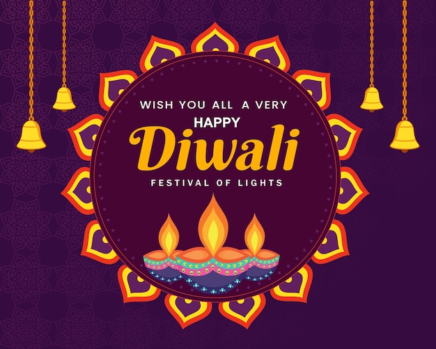 Vector happy diwali festival social media post with lotus and beautiful rangoli on purple background