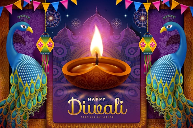 Felice festa di diwali con lampade a olio e pavoni di buon auspicio su sfondo viola rangoli