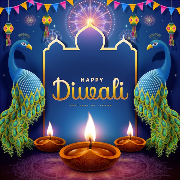 Felice festa di diwali con lampade a olio e pavoni di buon auspicio su sfondo viola rangoli