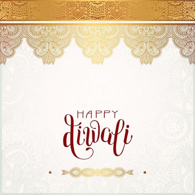 Happy diwali gold greeting card with hand written inscription to indian light community festival, vector illustration