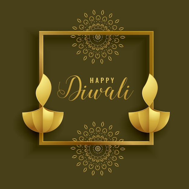 Vector happy diwali golden design with diya lamps