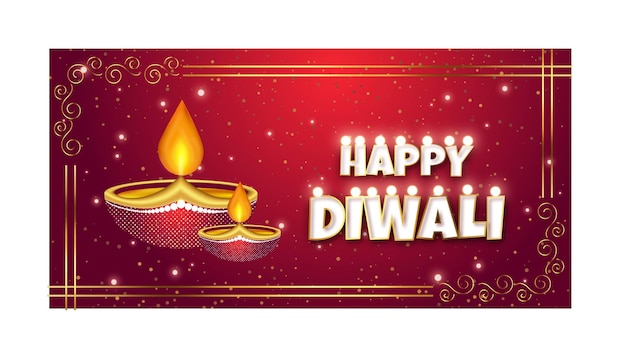 Modello di banner di diyas dorato felice diwali