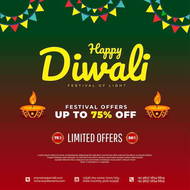 Happy diwali green and red background with flat lamp and decoration social media post