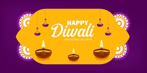 Happy Diwali greeting banner with ethnic style lamp or diya
