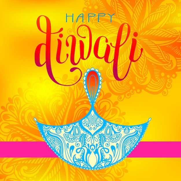 Happy diwali greeting card with hand written inscription to indian light community festival, vector illustration eps10