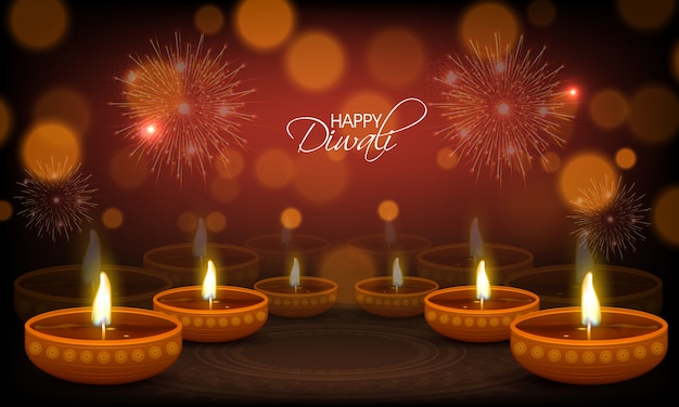 Happy diwali greeting card with illuminated oil lamps.
