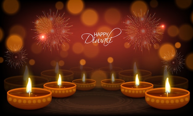 Biglietto di auguri happy diwali con lampade a olio illuminate.