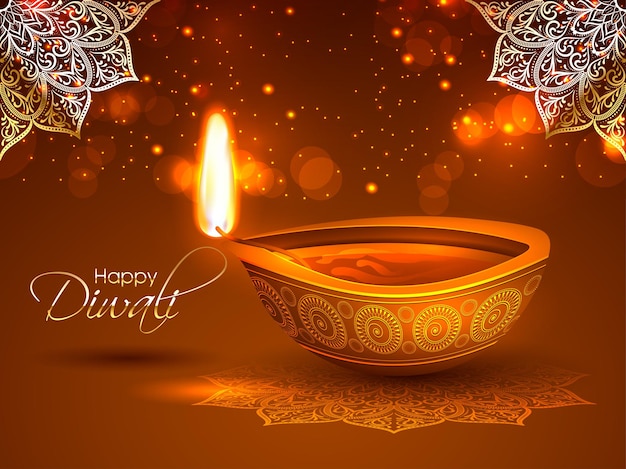 Happy diwali greeting card with intricate calligraphy and diwali lamp