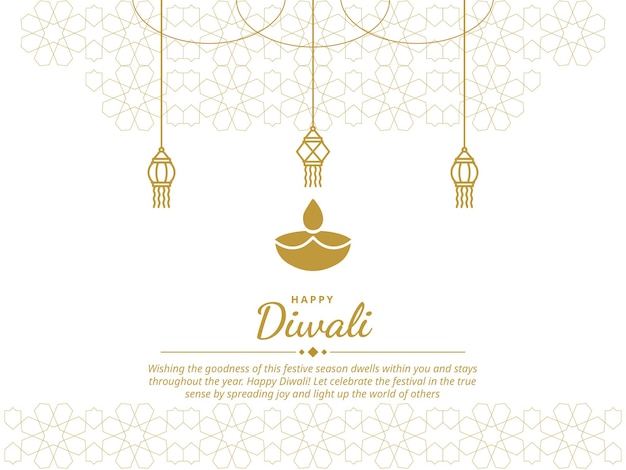 Happy Diwali Greeting Card with Lantern, Lamp, and Pattern Vector Illustration
