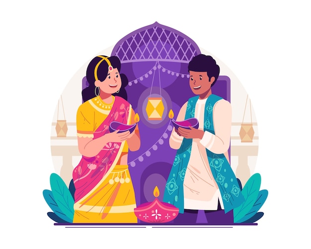 幸せなディワリ祭のご挨拶点灯した石油ランプまたは diya 光の祭典を保持しているインドのカップル