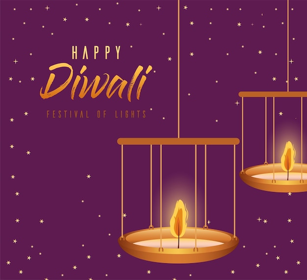 Vettore felice diwali candele appese su sfondo viola design, festival delle luci a tema.