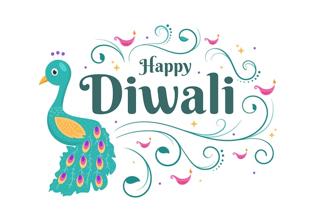 Happy Diwali Hindu Festival Background Vector Illustration with Lanterns, lighting Fireworks, Peacock and Mandala or Rangoli Art For Poster, Greeting Card Template