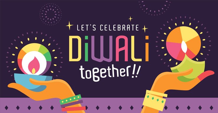 Vector happy diwali hindu festival modern flat design with 2 indian womens hand holding oil lamp and typography design