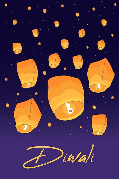 Happy Diwali. Holding Sky Lanterns. Illuminated Oil Lamps