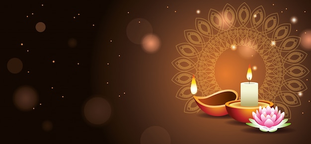 Bandiera felice di celebrazione indiana di diwali con la candela