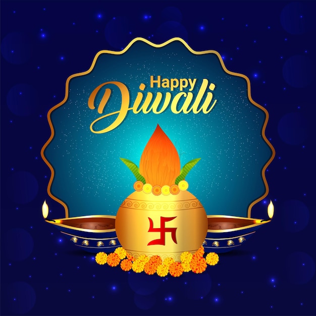 Happy diwali indian festival celebration greeting card with creative kalash