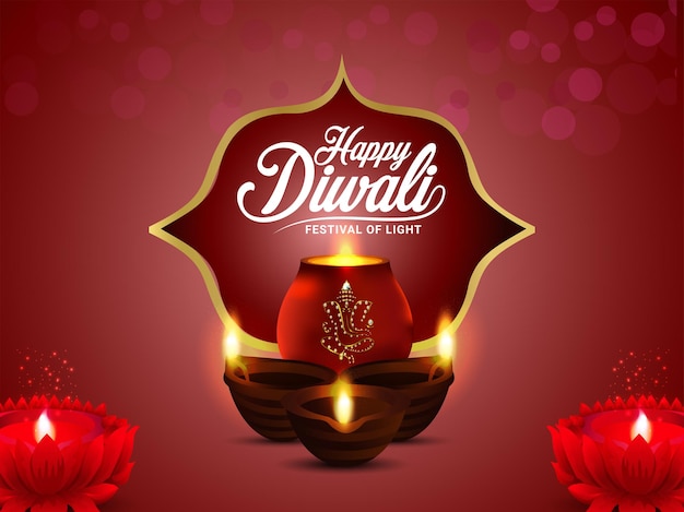 Happy diwali indian festival of light greeting card with diwali diya