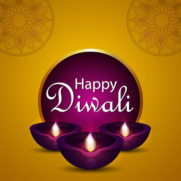 Happy diwali invitation greeting card with realistic diwali diya on yellow background