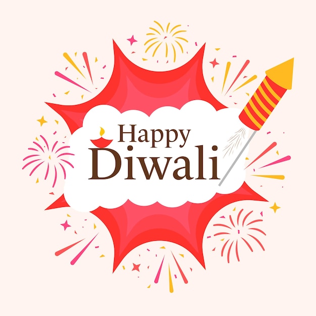 Happy diwali lettering with burning oil lamp diya firecracker rocket on white and red fireworks background