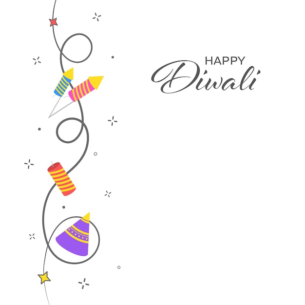 Happy Diwali Lettering With Firecrackers And Stars On White Background