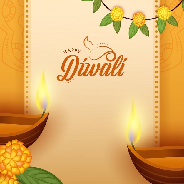 Felice diwali lettering con lampade ad olio accese diya fiori foglie decorate su sfondo arancione