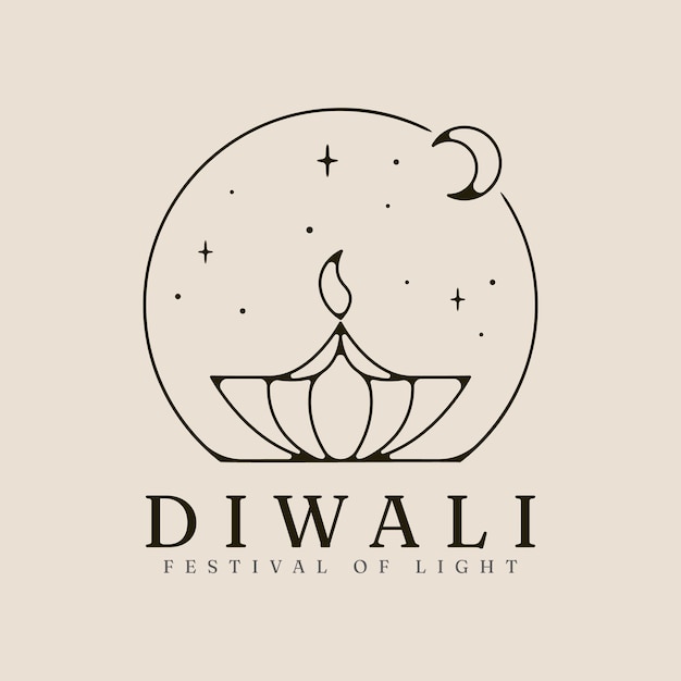Vector happy diwali line art logo vector met embleem maan en ster illustratie met minimalistisch ontwerp