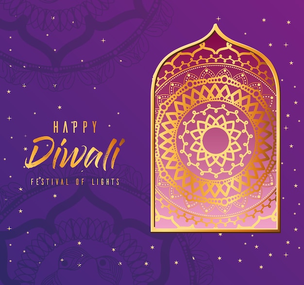 Happy diwali mandala in frame on purple background design, Festival of lights theme.