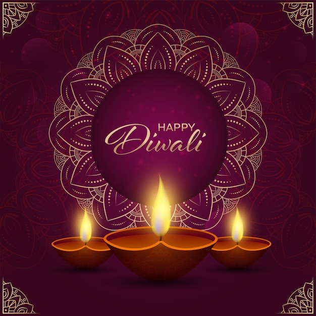 Happy Diwali Poster Design With Realistic Lit Oil Lamps (Diya) And Mandala Pattern On Purple Background.